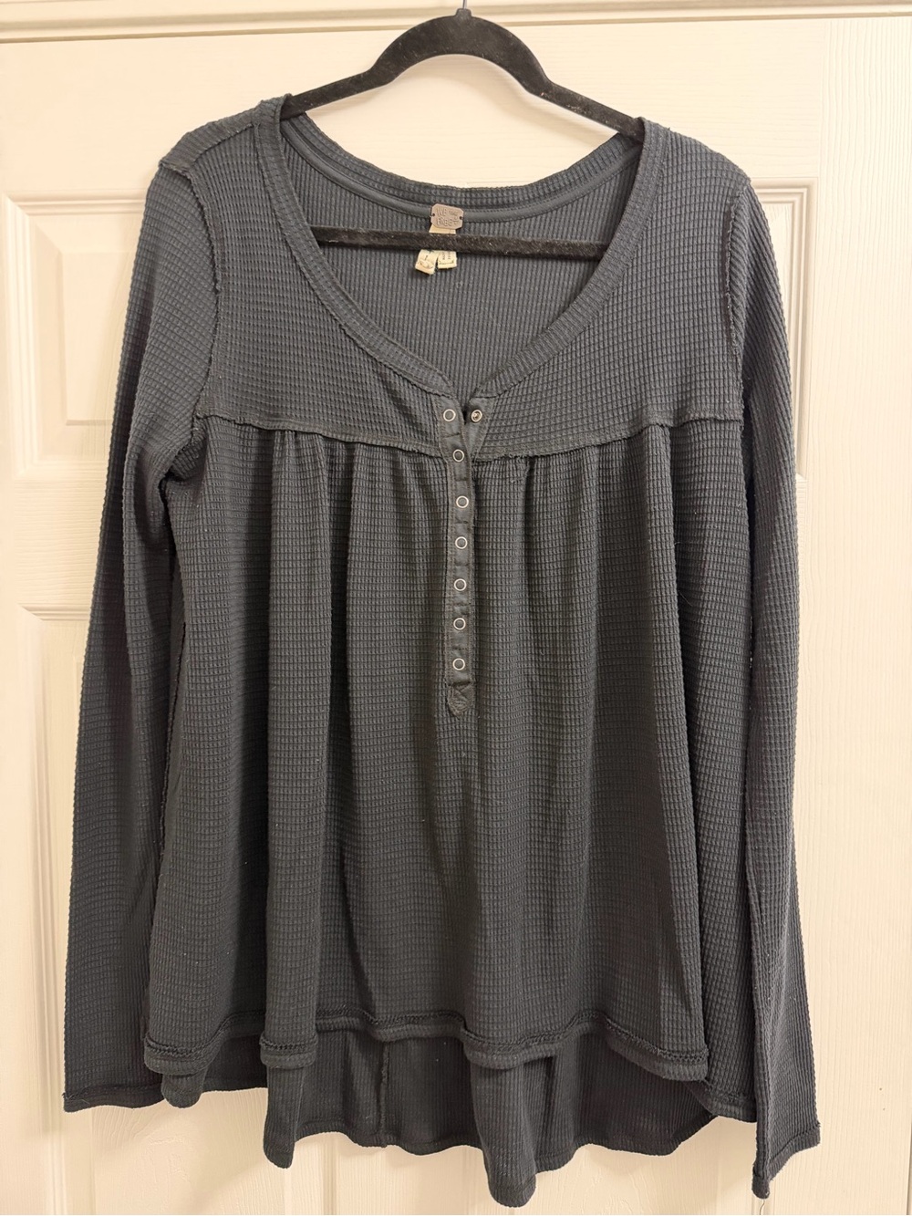 Free People | We The Free - Waffle-Knit Long Sleeve Henley Top - Black